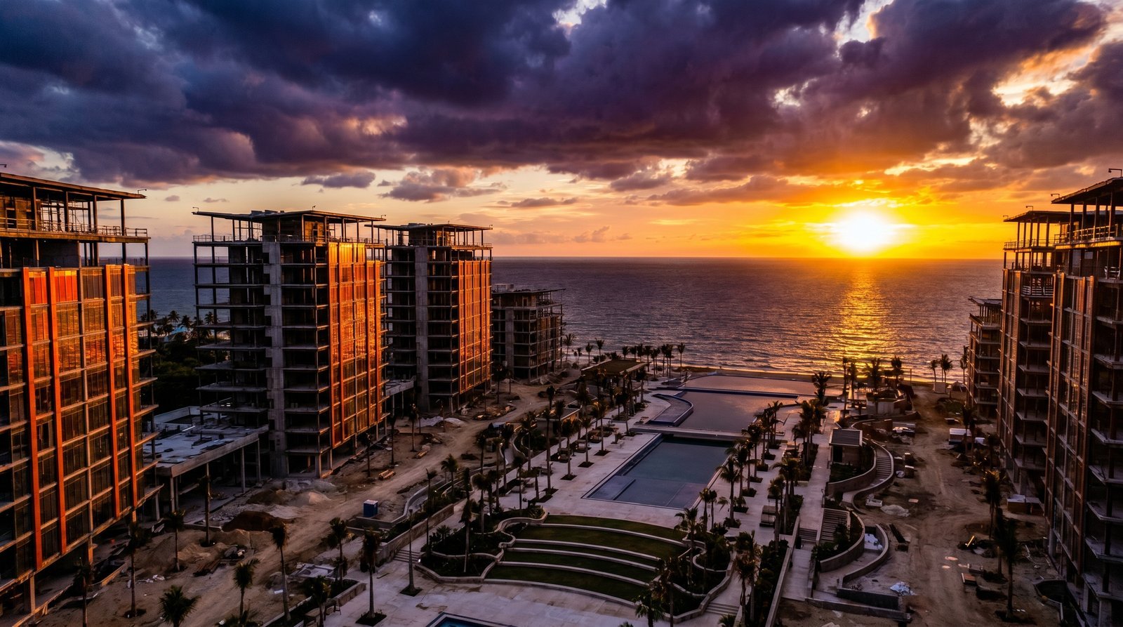 Empreendimento costeiro ao pôr do sol
